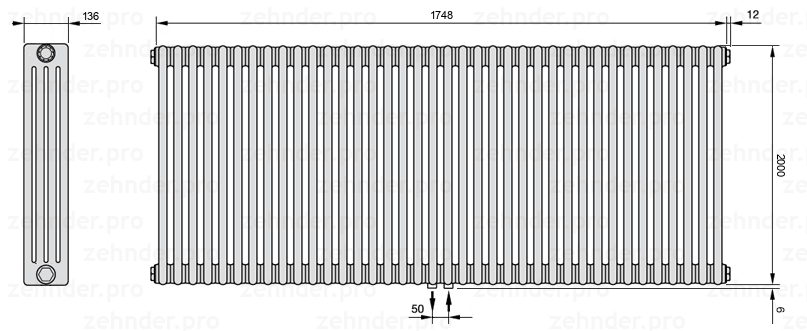 Схема (чертеж) Радиатор Zehnder Charleston 4200/38 №5410 Белый глянцевый RAL 9016